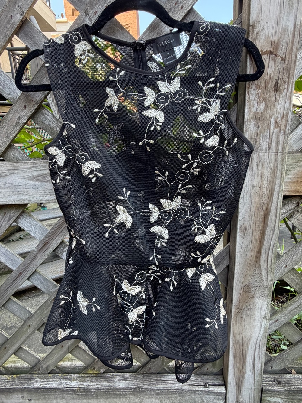 Gracia Black Mesh Sleeveless Peplum Top with Cream Floral Embroidery